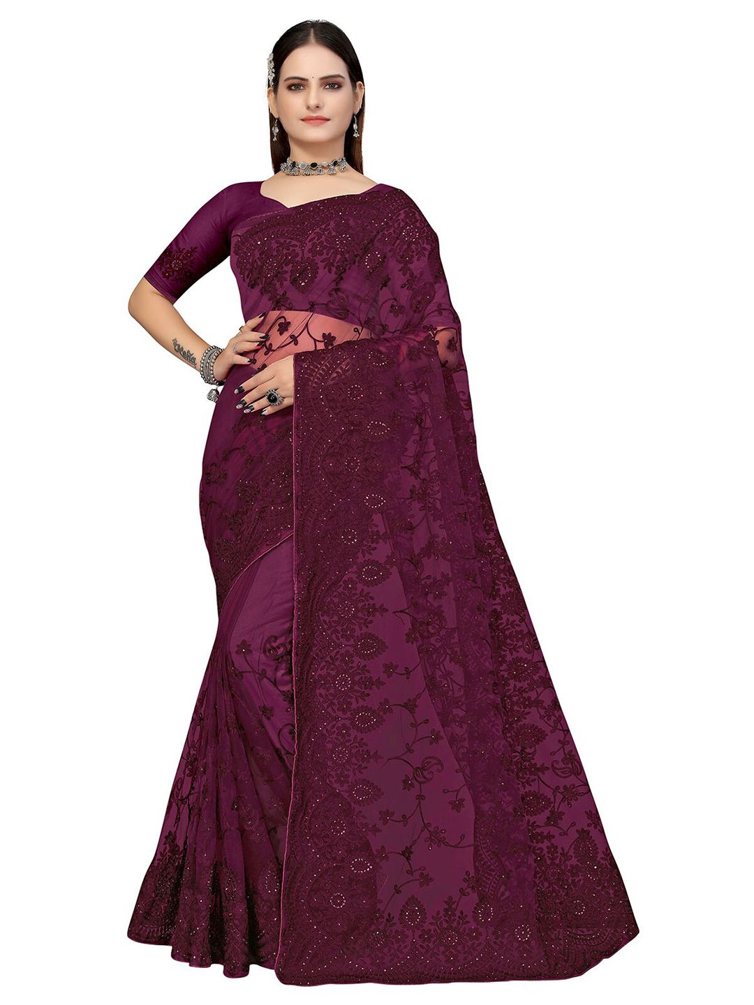 ODETTE Purple Floral Embroidered Net Saree Price in India