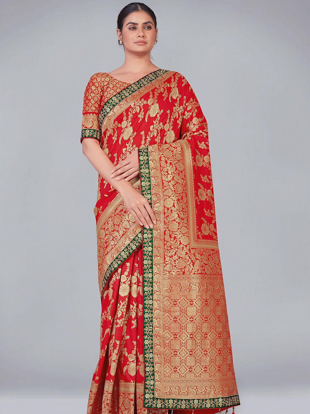 ODETTE Red & Gold-Toned Floral Zari Silk Blend Saree Price in India