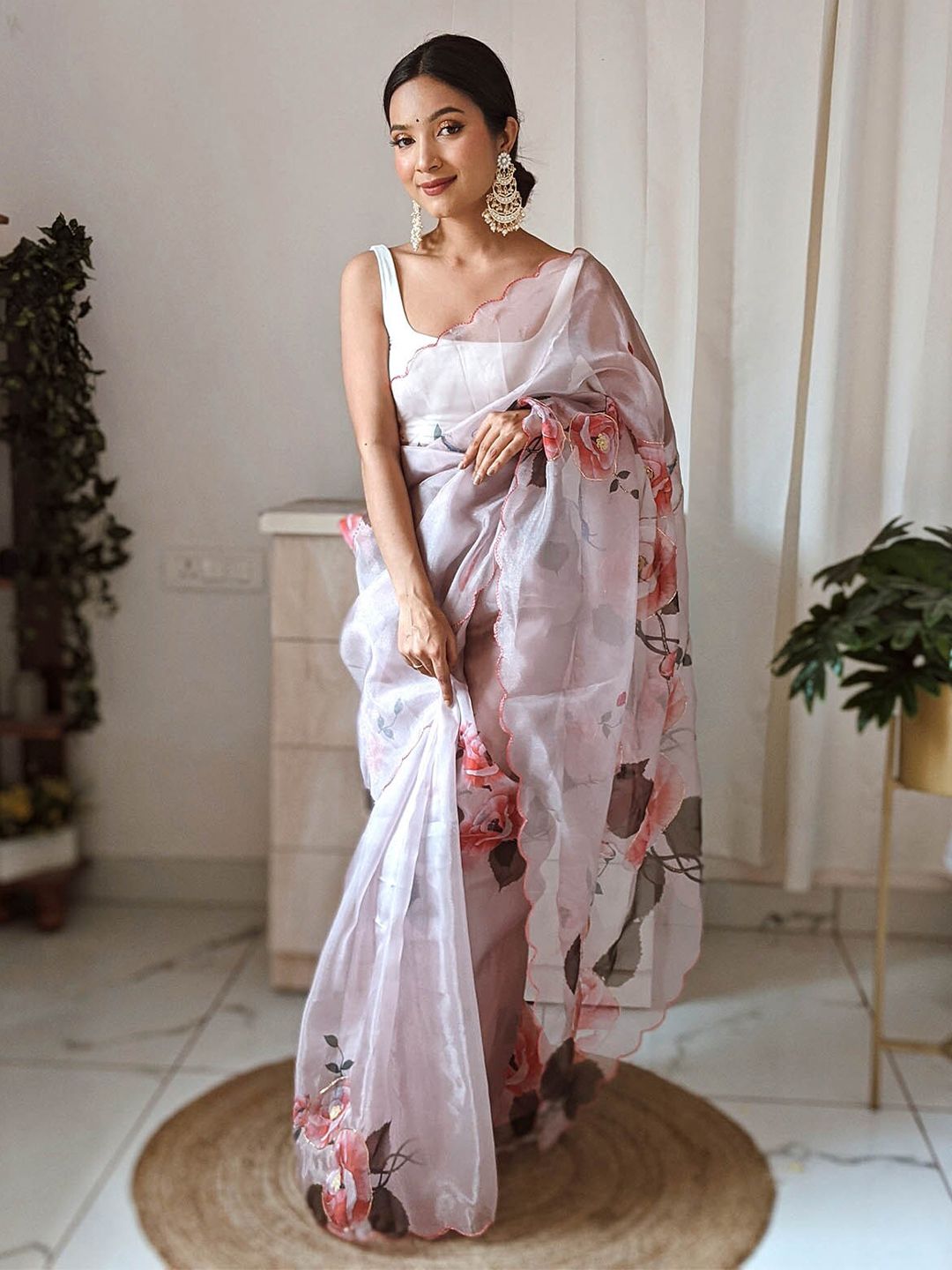 ODETTE White & Pink Floral Organza Saree Price in India