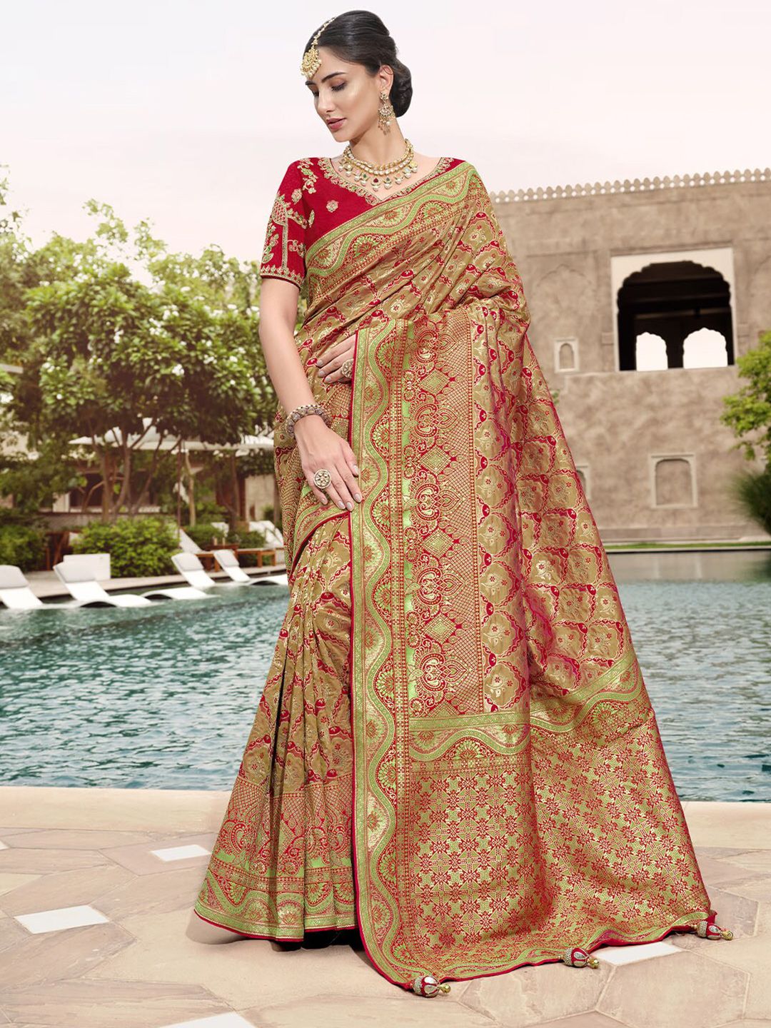 ODETTE Red & Gold-Toned Woven Design Zari Silk Blend Saree Price in India