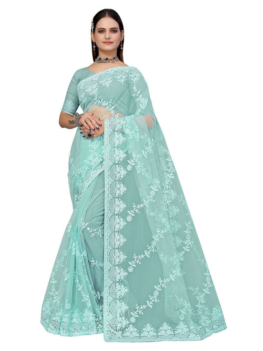 ODETTE Blue & White Floral Embroidered Net Saree Price in India