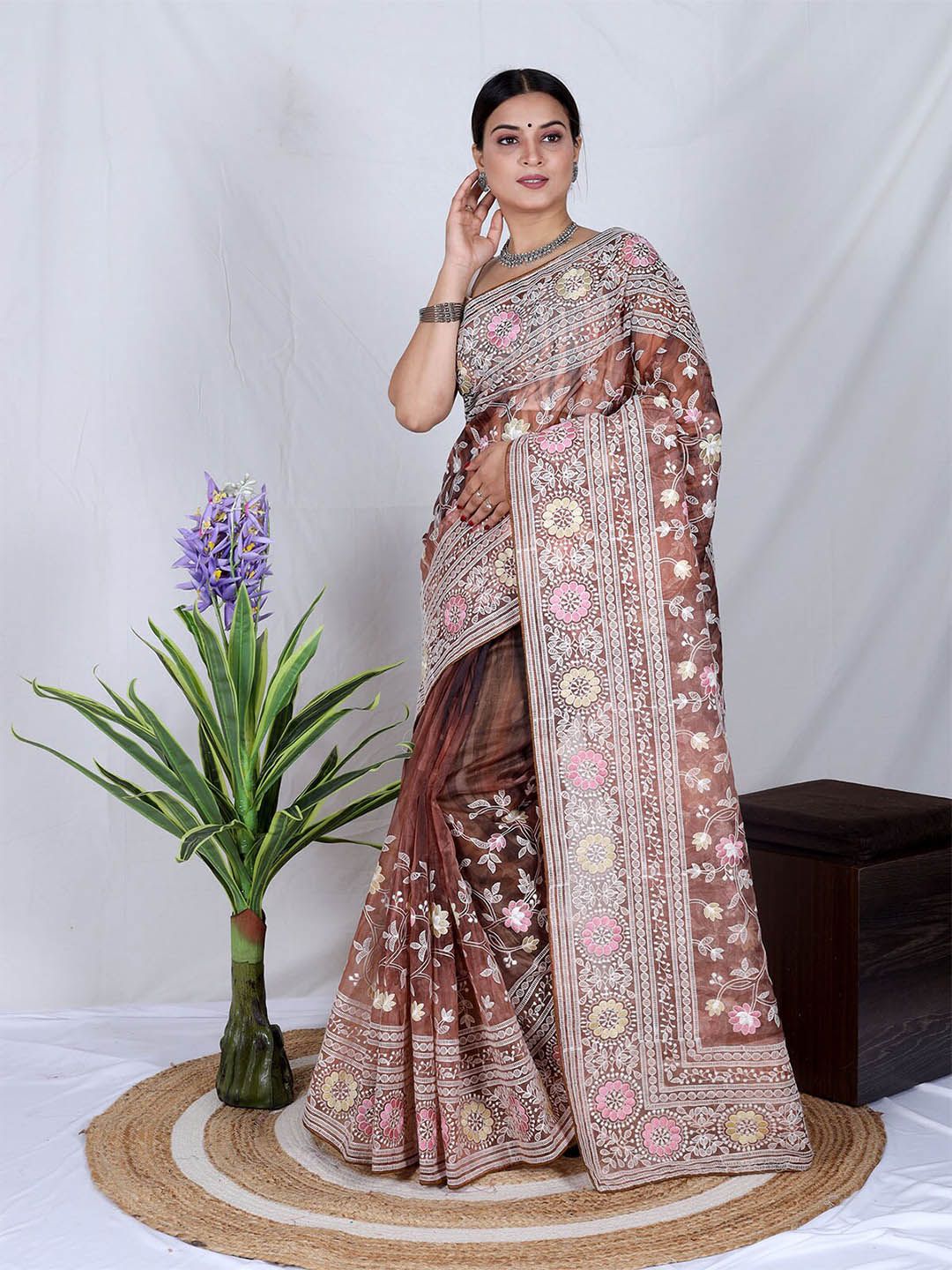 ODETTE Brown & White Floral Embroidered Organza Saree Price in India