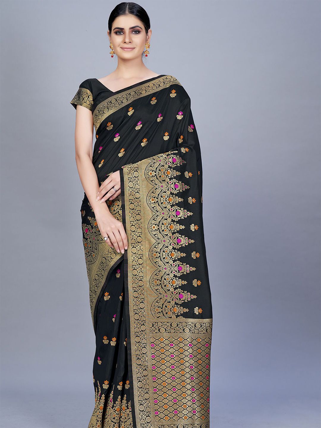 ODETTE Black & Gold-Toned Floral Zari Silk Blend Saree Price in India