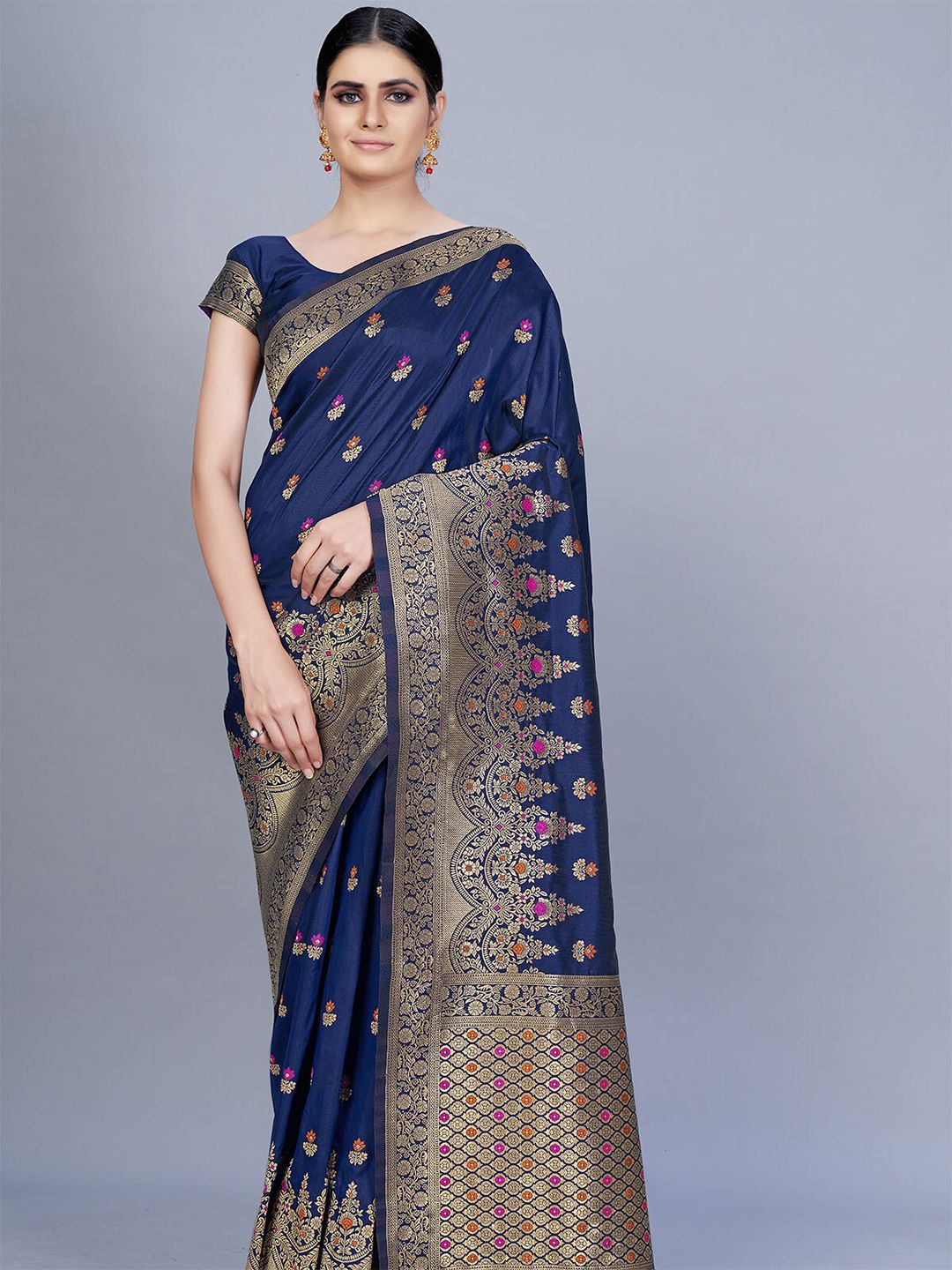 ODETTE Blue & Purple Floral Zari Silk Blend Saree Price in India