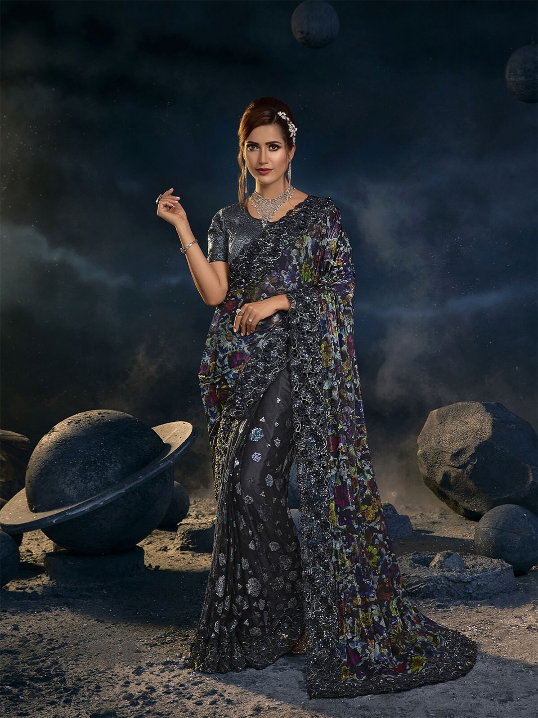 ODETTE Black & Pink Floral Embroidered Net Saree Price in India