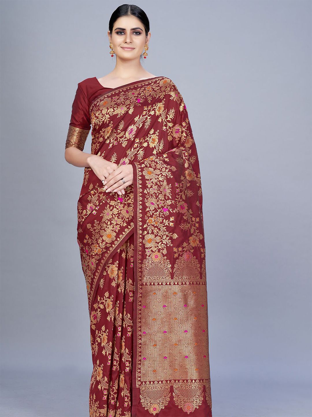 ODETTE Maroon & Gold-Toned Floral Zari Silk Blend Saree Price in India