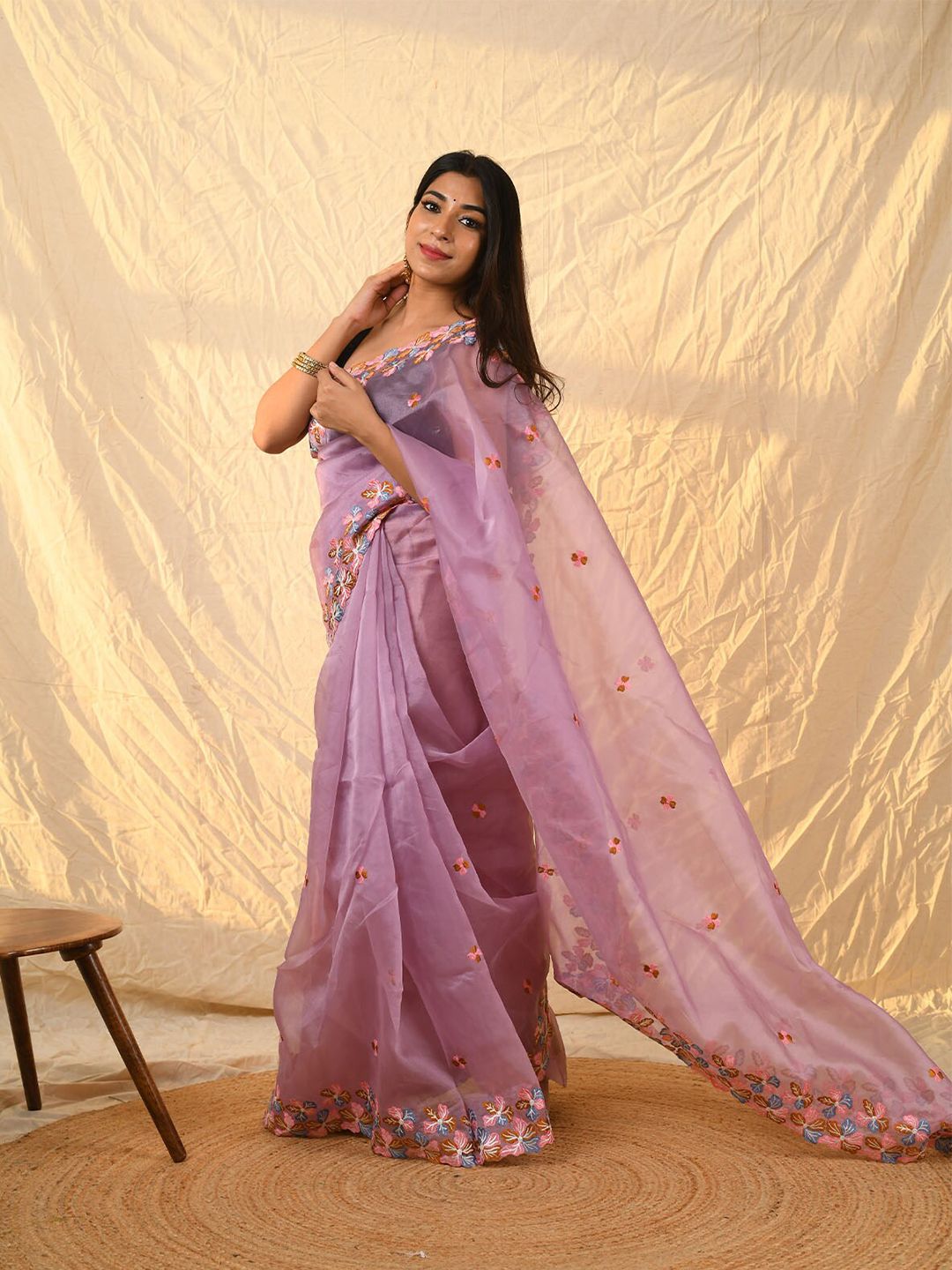 ODETTE Pink & Blue Floral Embroidered Organza Saree Price in India