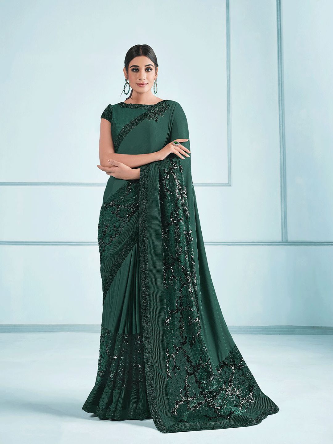 ODETTE Green Embellished Sequinned Saree Price in India