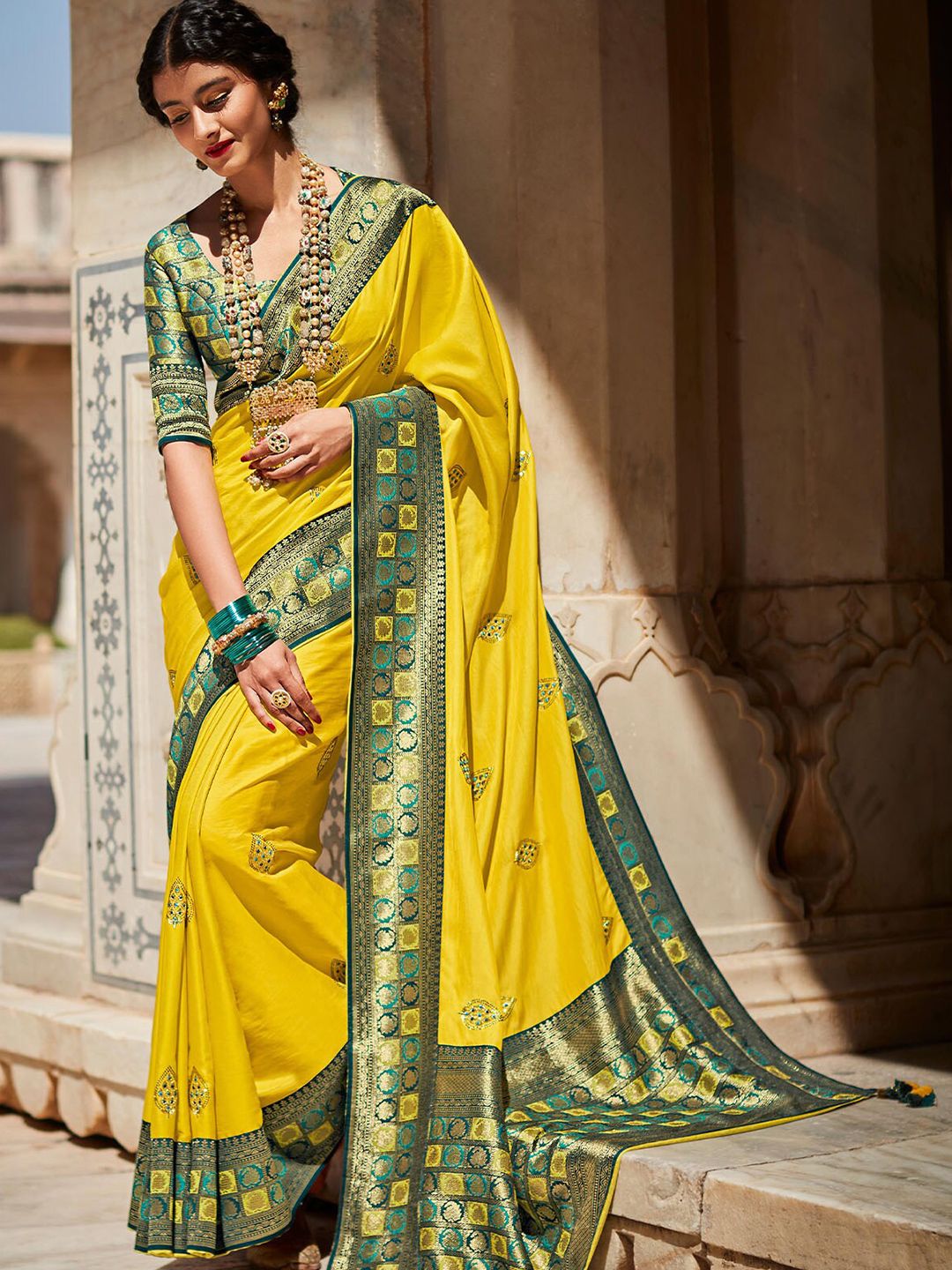 ODETTE Yellow & Green Woven Design Zari Silk Blend Saree Price in India