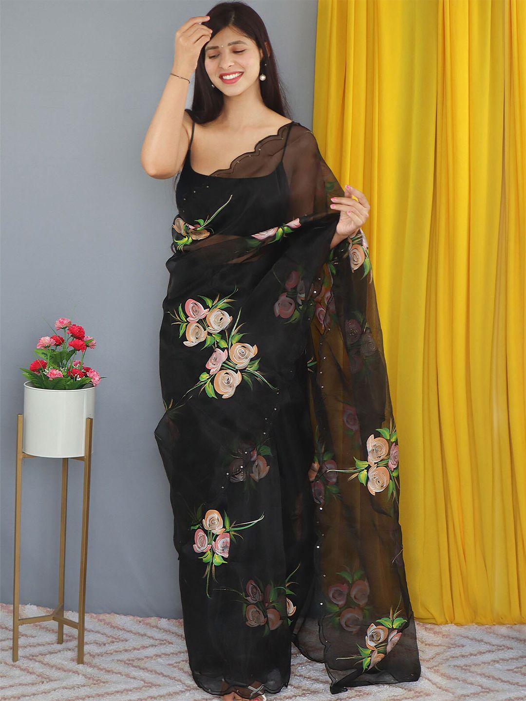 ODETTE Black & Green Floral Embroidered Organza Saree Price in India