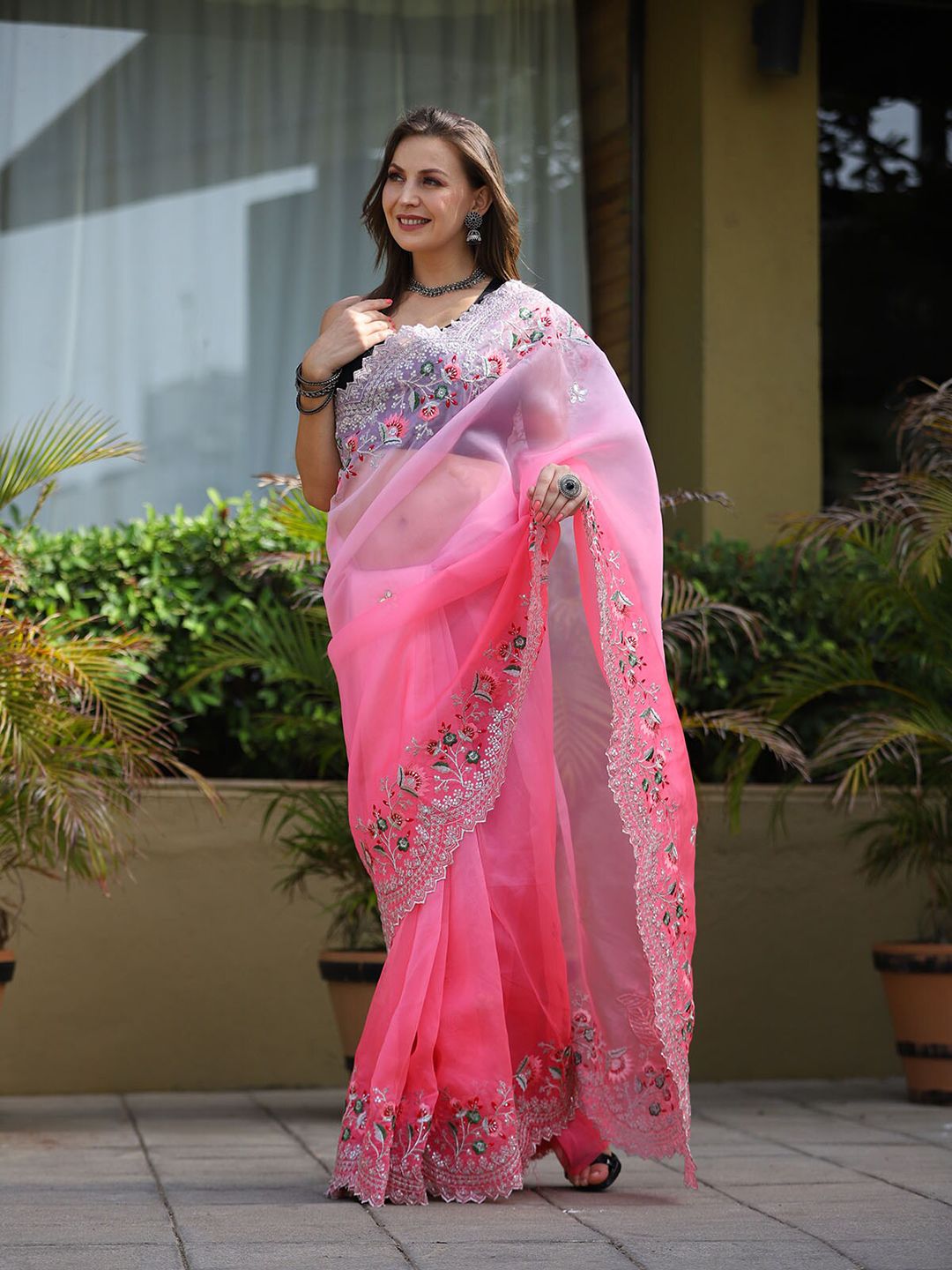 ODETTE Pink & Green Floral Embroidered Organza Saree Price in India