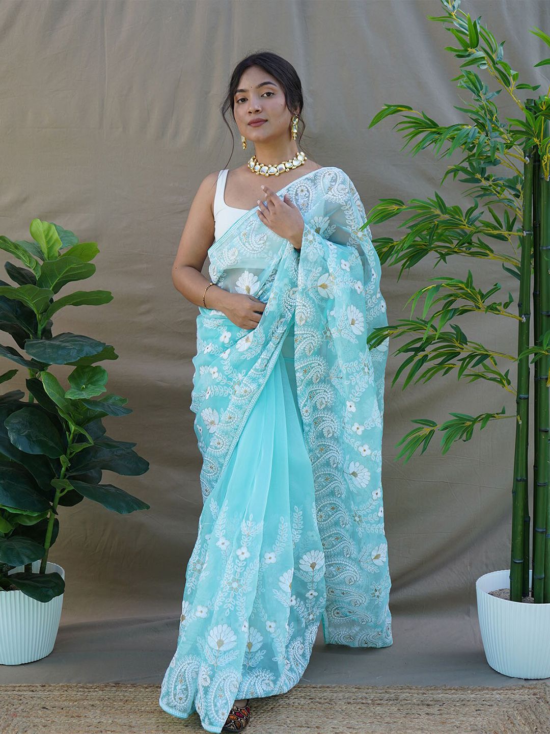 ODETTE Blue & White Paisley Embroidered Organza Saree Price in India