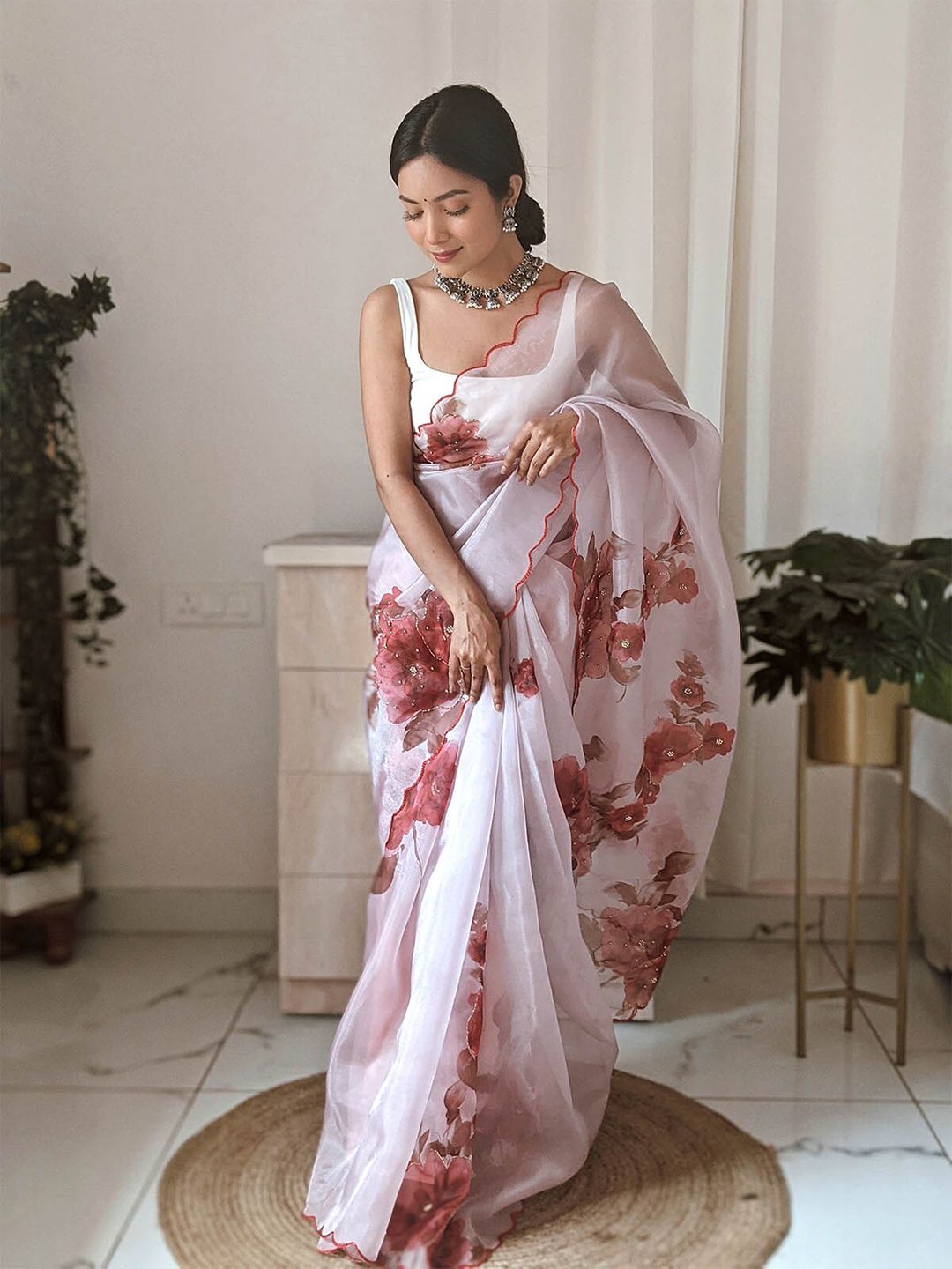 ODETTE Peach & White Floral Organza Saree Price in India