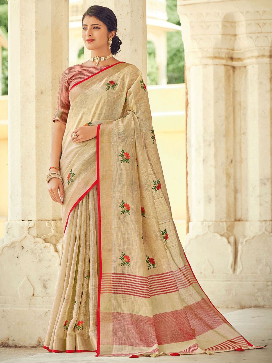 ODETTE Beige & Red Floral Embroidered Linen Blend Saree Price in India