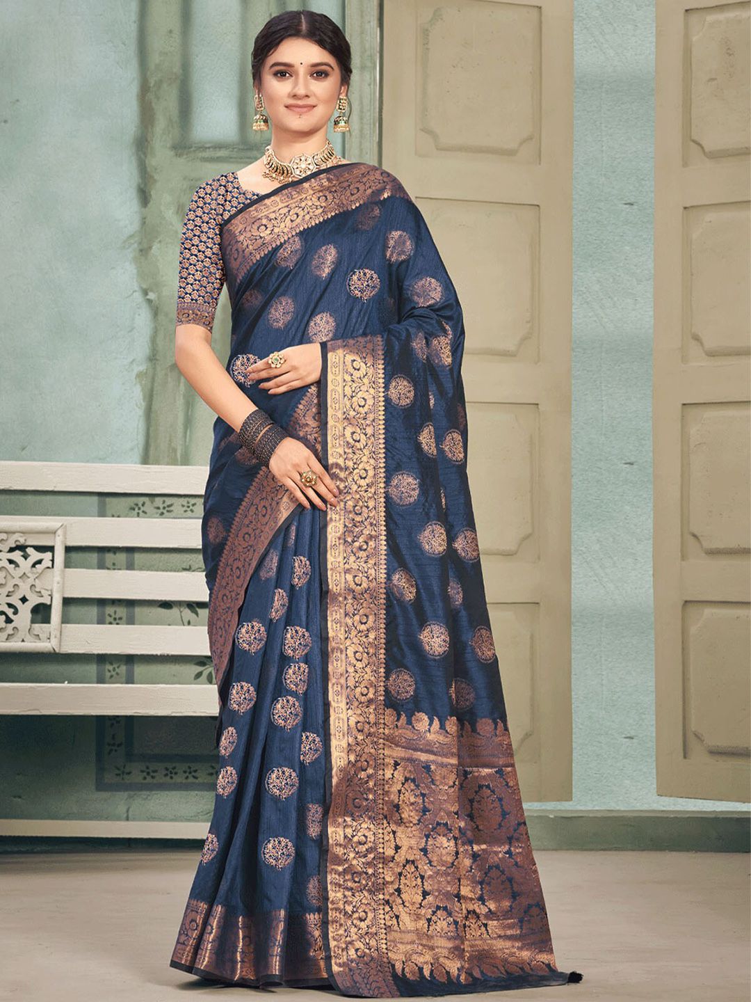 ODETTE Blue & Gold-Toned Woven Design Zari Saree Price in India