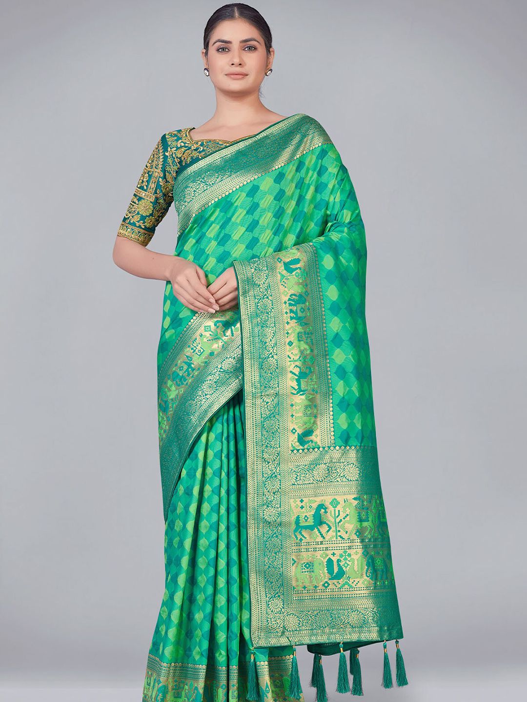 ODETTE Green & Gold-Toned Floral Zari Silk Blend Saree Price in India