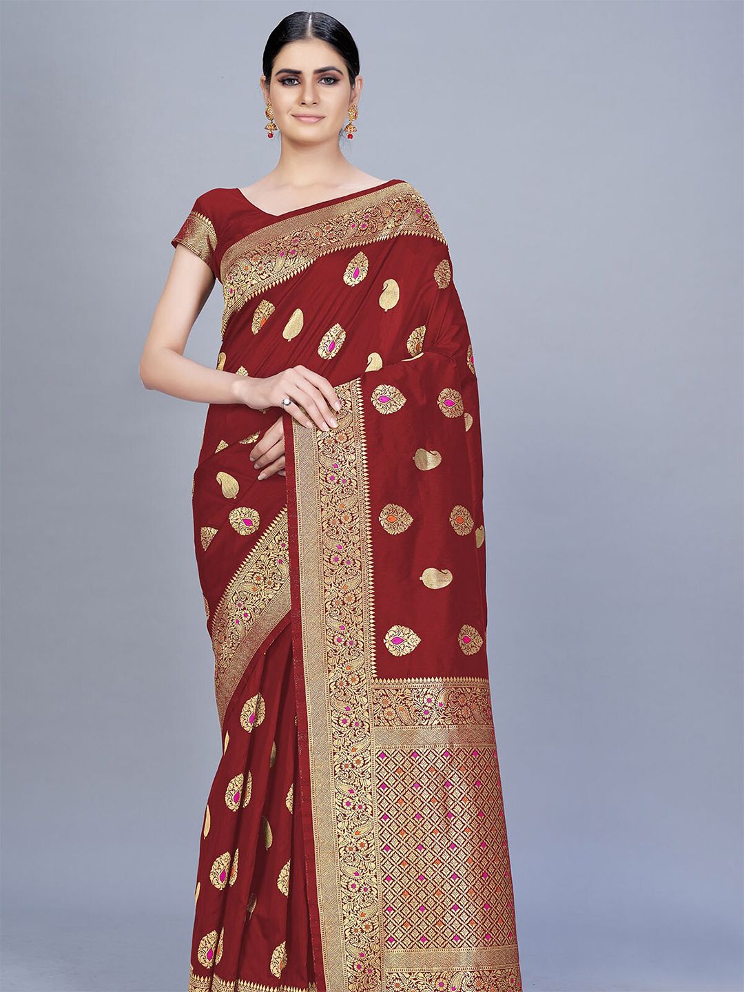 ODETTE Maroon & Gold-Toned Woven Design Zari Silk Blend Saree Price in India