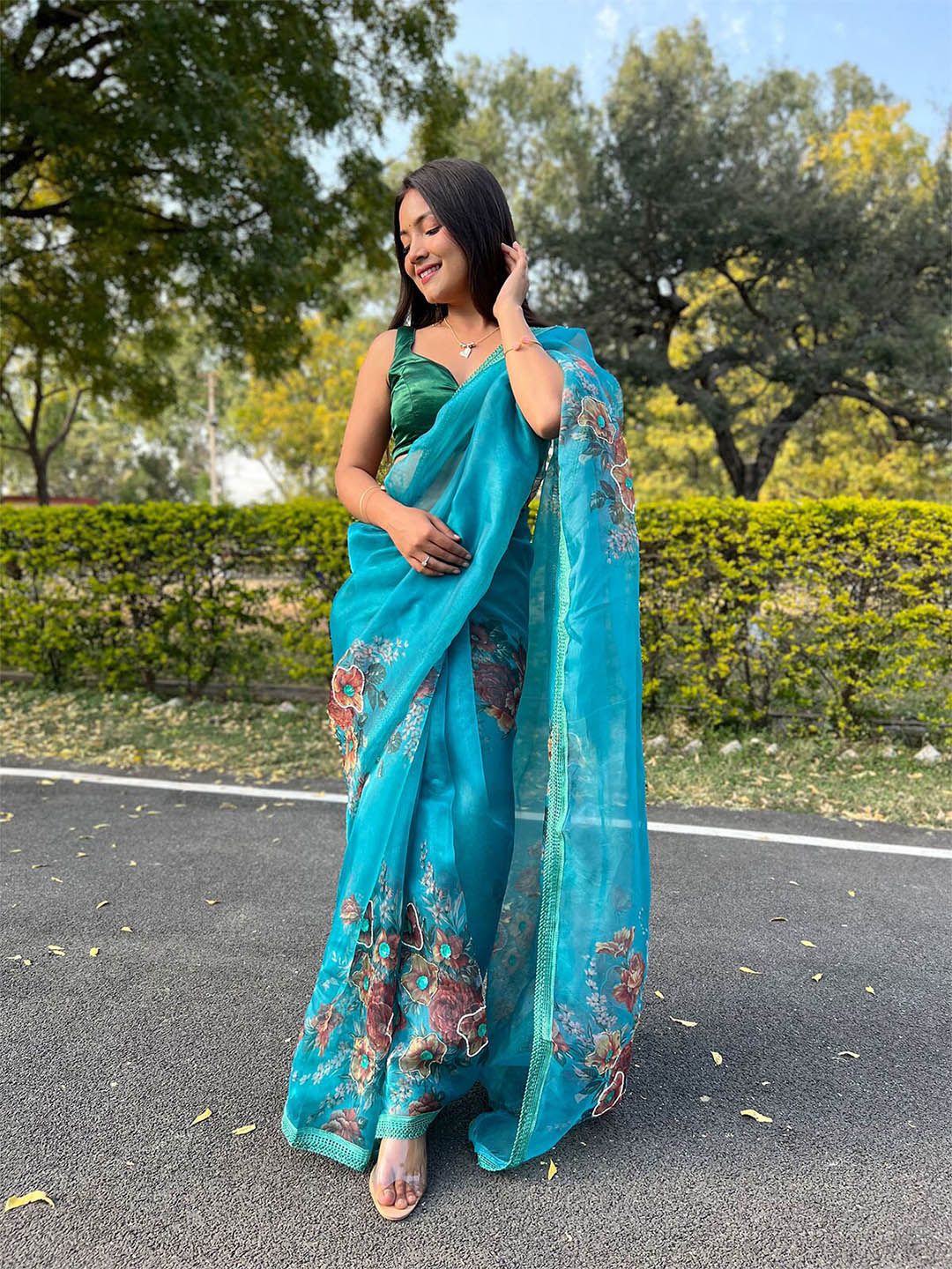 ODETTE Blue & Green Floral Organza Saree Price in India