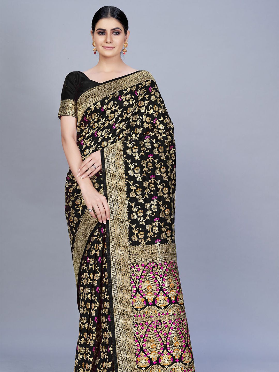 ODETTE Black & Gold-Toned Floral Zari Silk Blend Saree Price in India