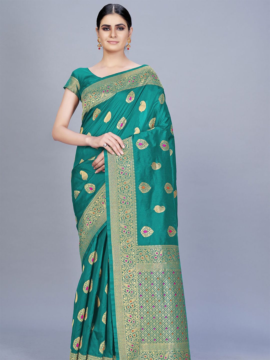 ODETTE Sea Green & Gold-Toned Paisley Zari Silk Blend Saree Price in India