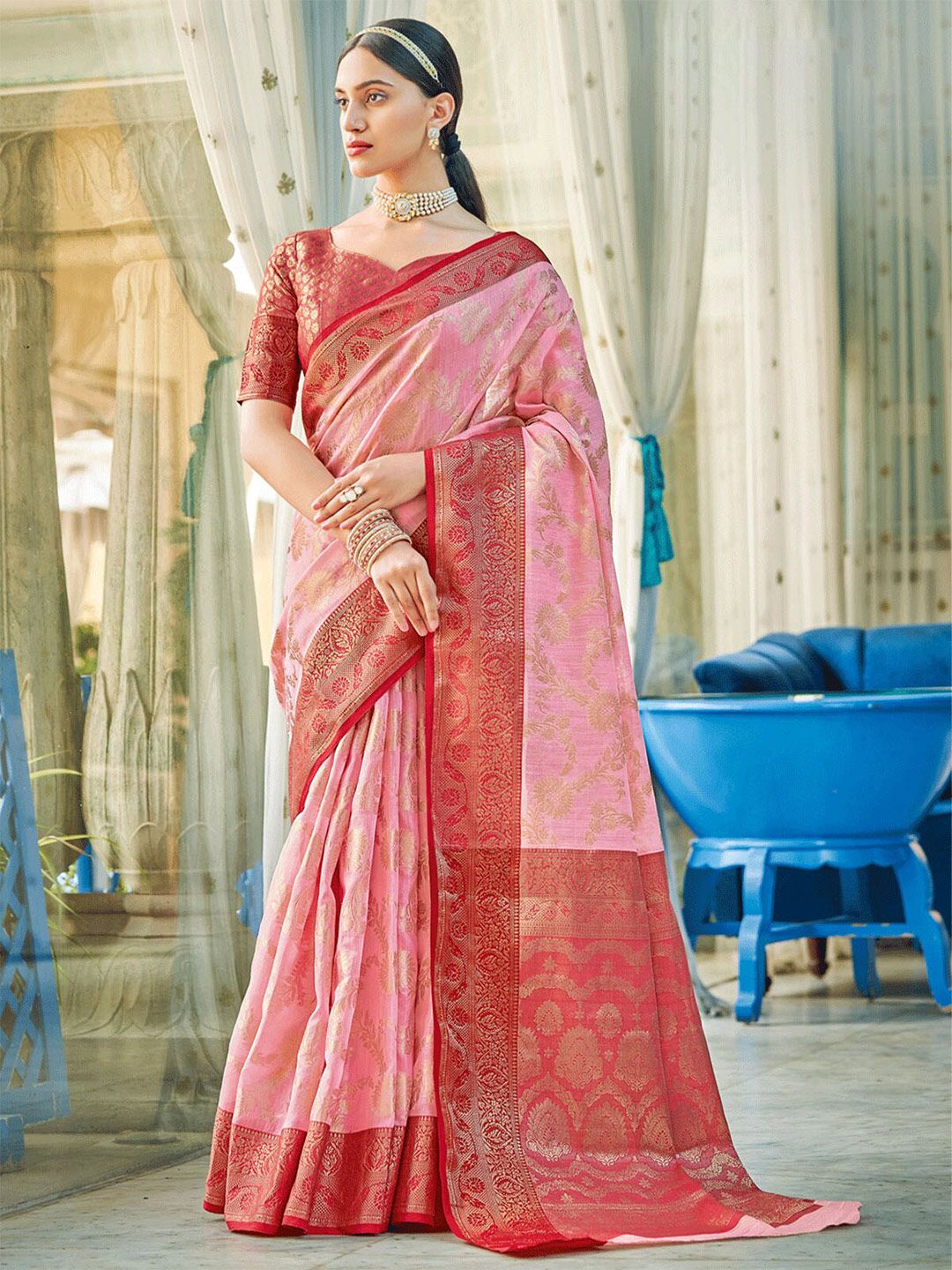 ODETTE Pink & Red Floral Zari Saree Price in India
