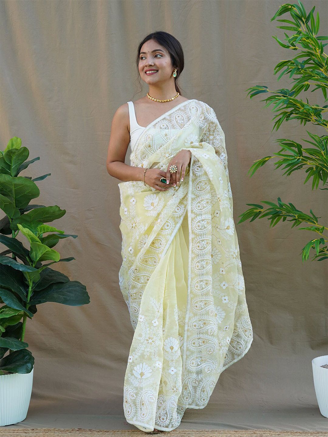 ODETTE Yellow & White Floral Embroidered Organza Saree Price in India