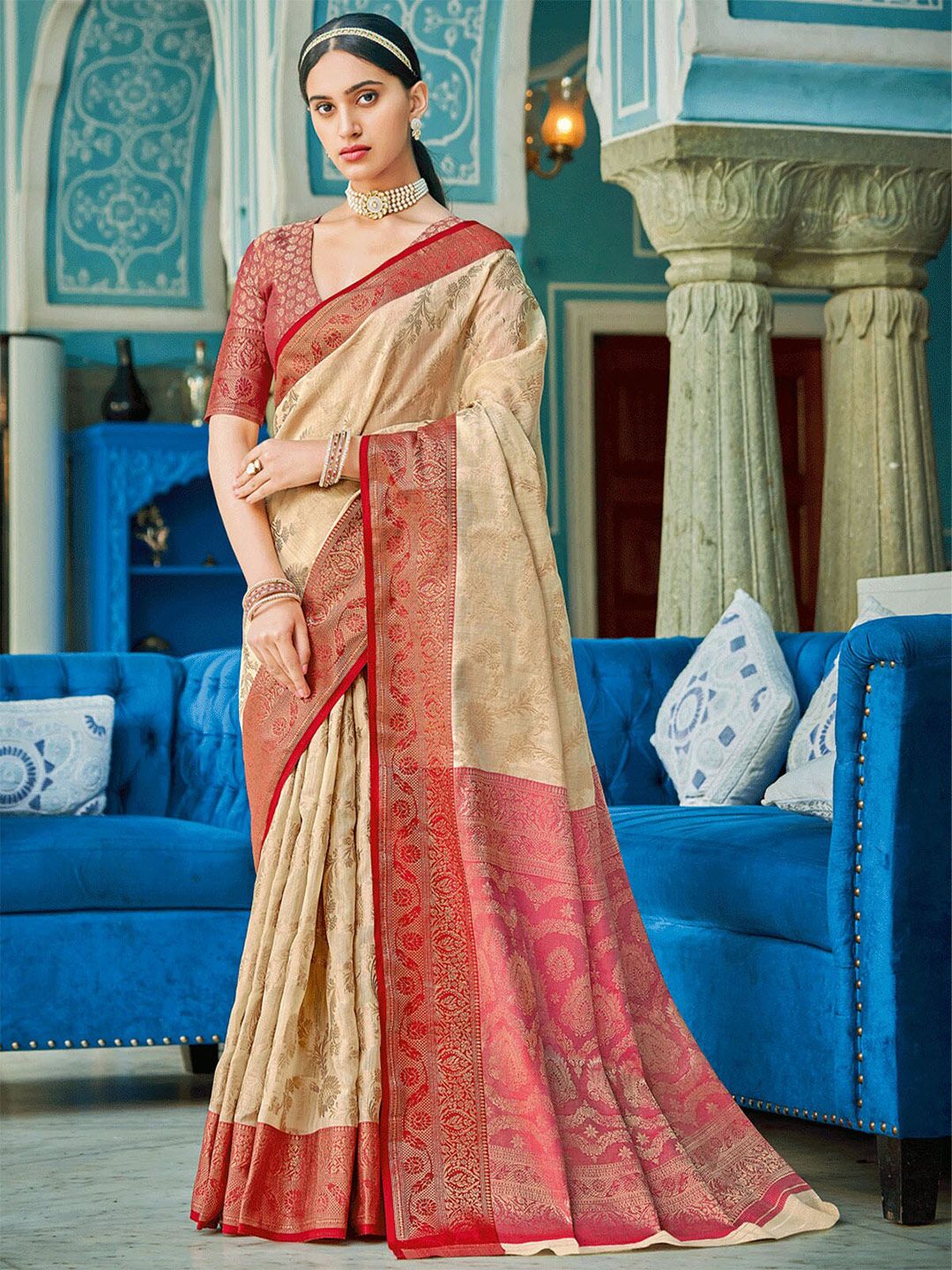 ODETTE Beige & Red Floral Zari Saree Price in India