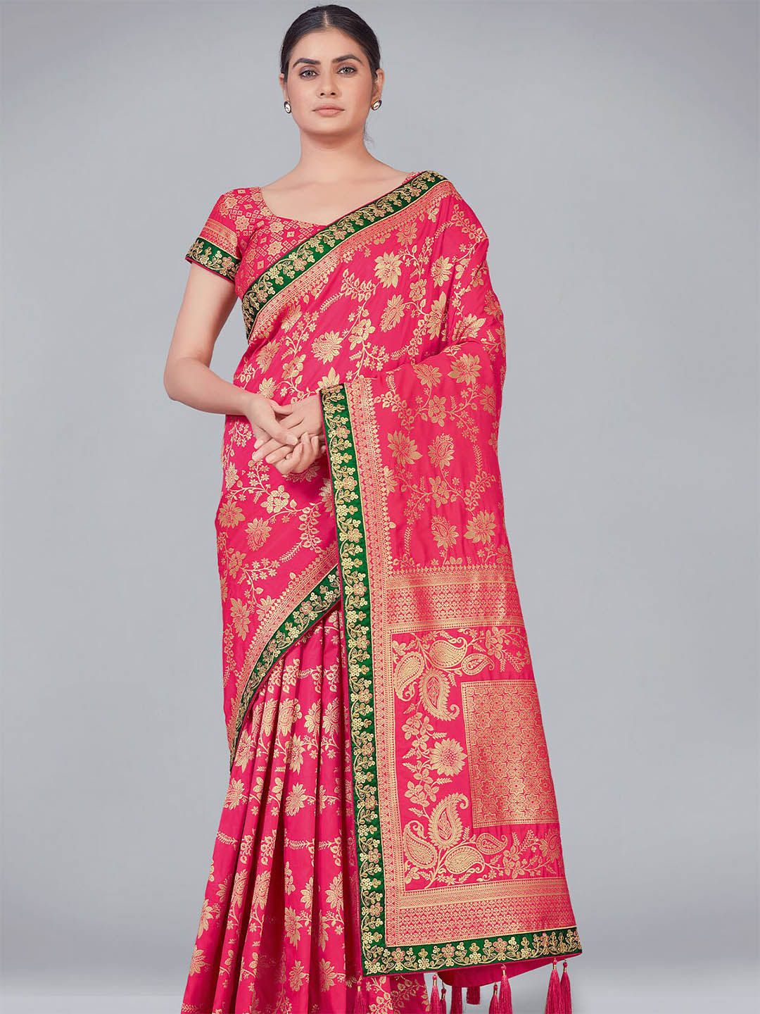 ODETTE Red & Green Woven Design Embroidered Silk Blend Saree Price in India