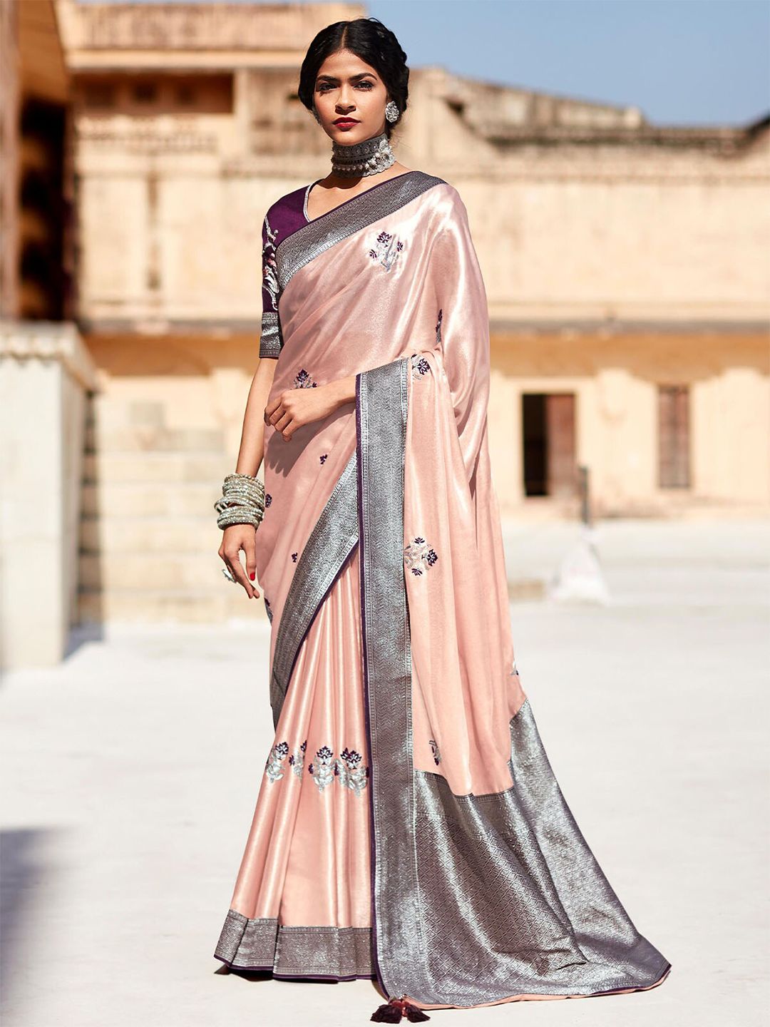 ODETTE Peach-Coloured & Violet Floral Embroidered Silk Blend Saree Price in India