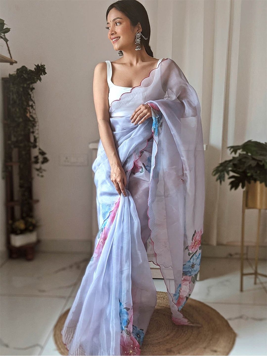 ODETTE Blue & Pink Floral Embroidered Organza Saree Price in India