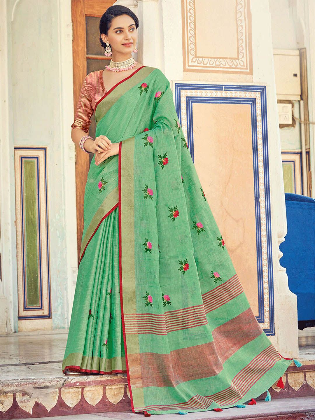 ODETTE Sea Green & Red Floral Zari Linen Blend Saree Price in India