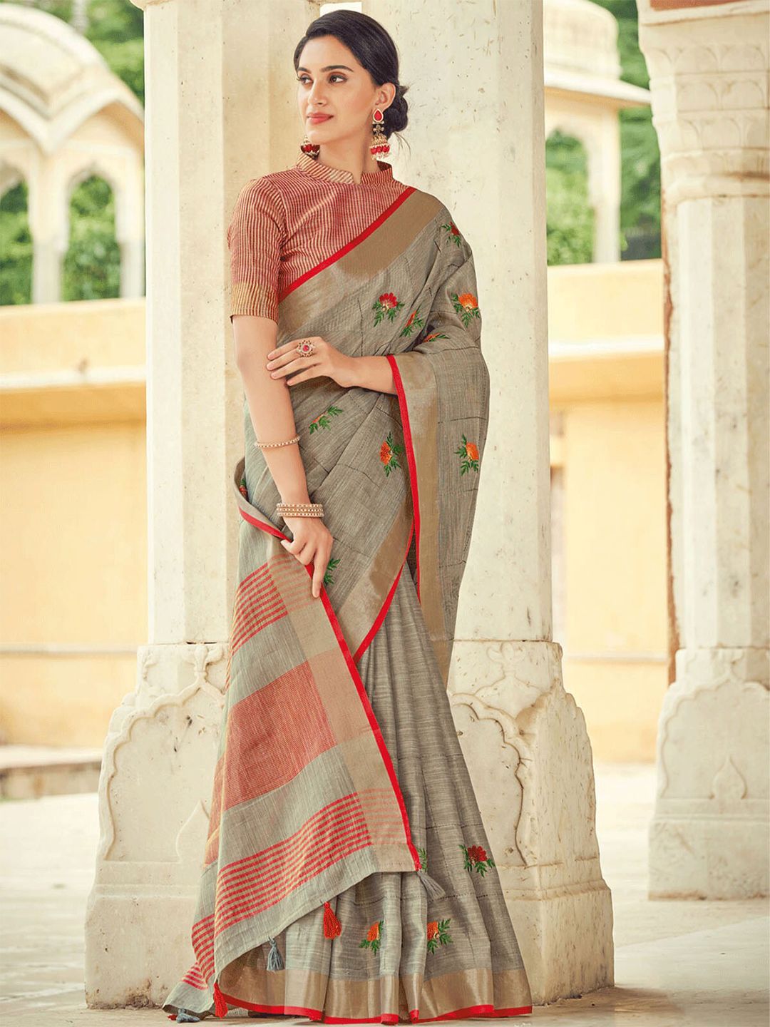 ODETTE Grey & Red Floral Zari Linen Blend Saree Price in India
