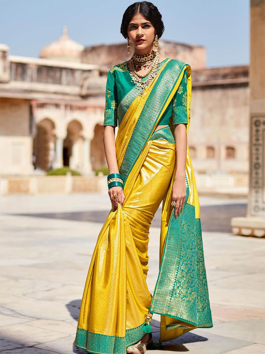 ODETTE Yellow & Green Woven Design Zari Silk Blend Saree Price in India