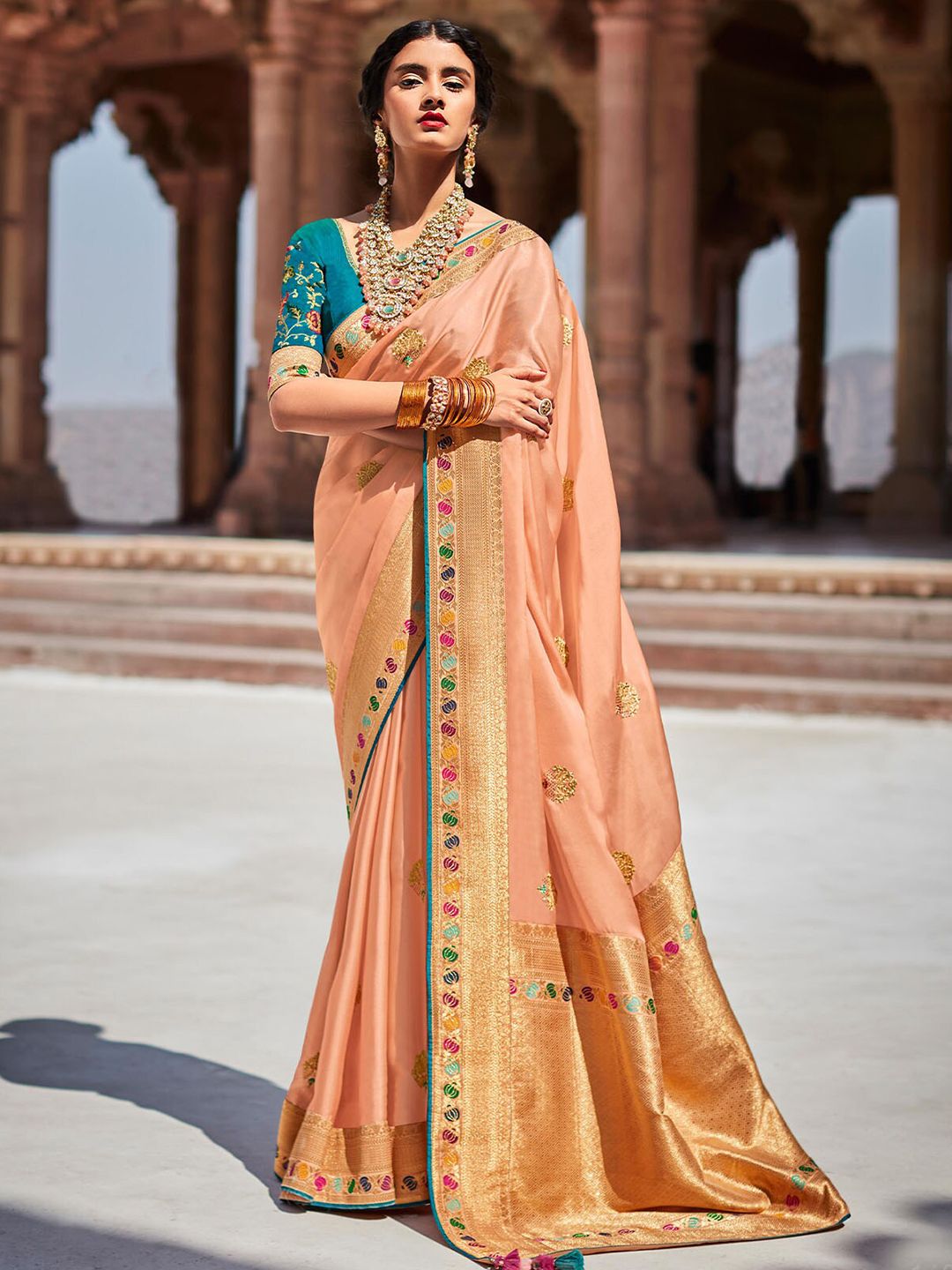 ODETTE Peach-Coloured & Gold-Toned Floral Embroidered Silk Blend Saree Price in India