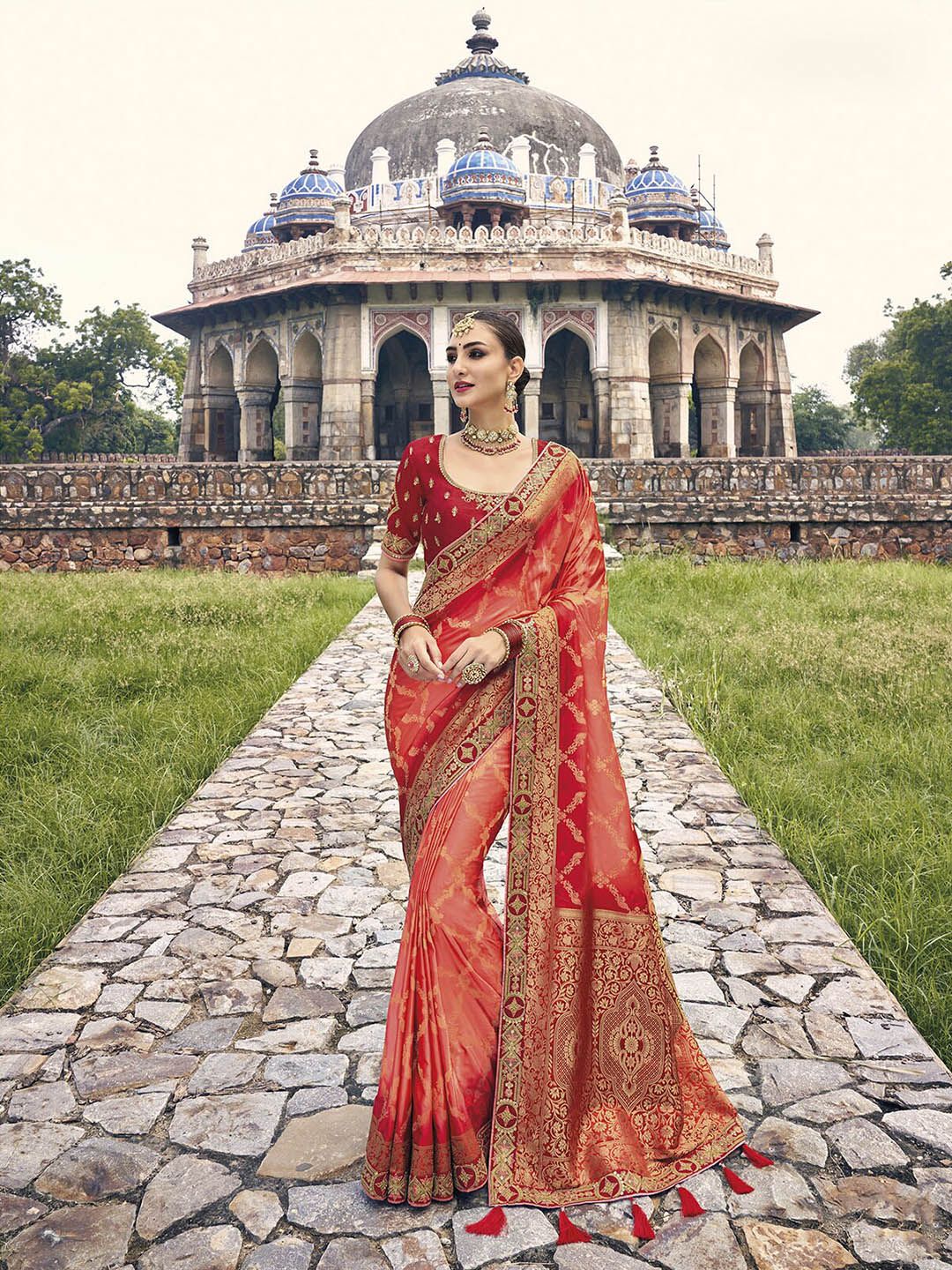 ODETTE Orange & Red Woven Design Embroidered Satin Saree Price in India