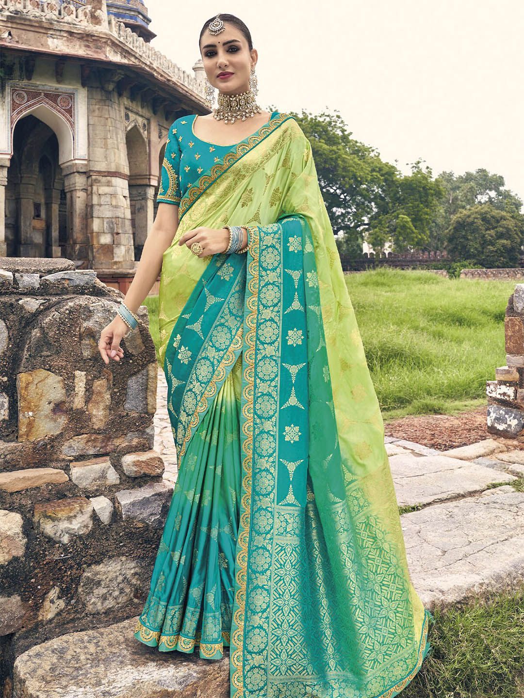 ODETTE Green & Gold-Toned Woven Design Zari Satin Saree Price in India