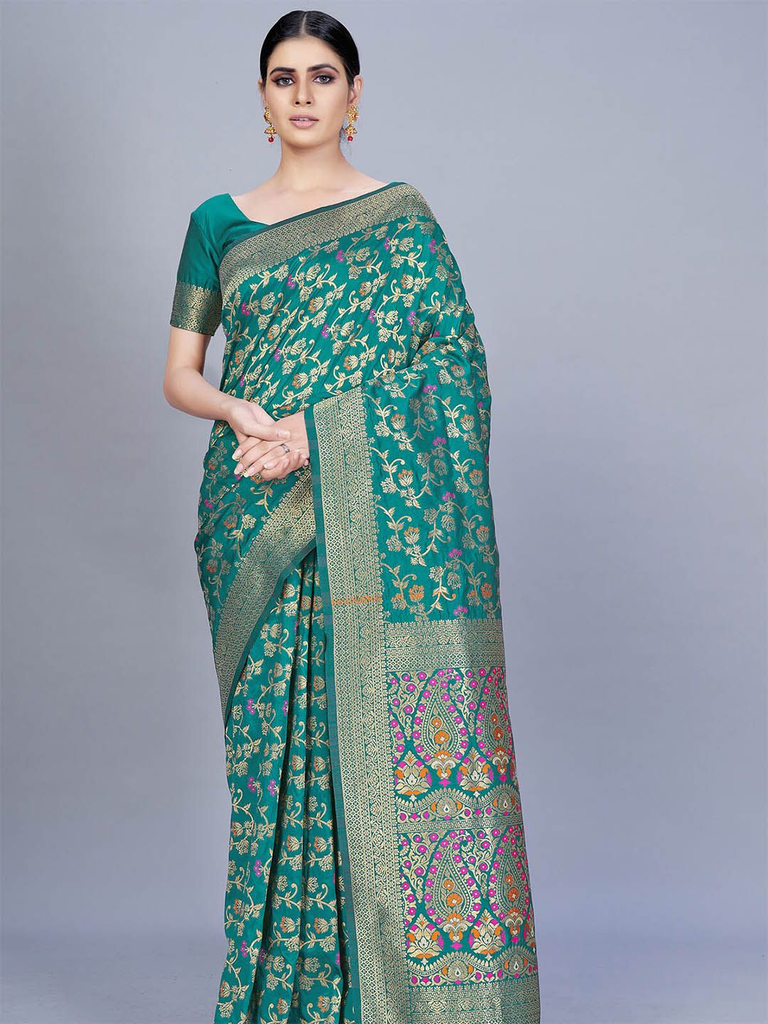 ODETTE Green & Purple Woven Design Zari Silk Blend Saree Price in India
