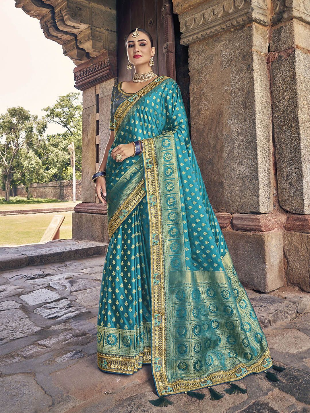 ODETTE Blue & Gold-Toned Woven Design Zari Satin Saree Price in India