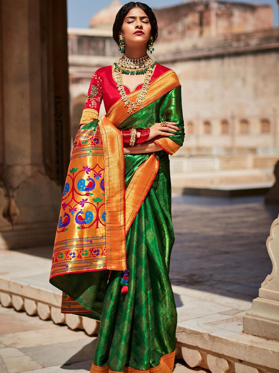 ODETTE Green & Red Woven Design Zari Silk Blend Saree Price in India