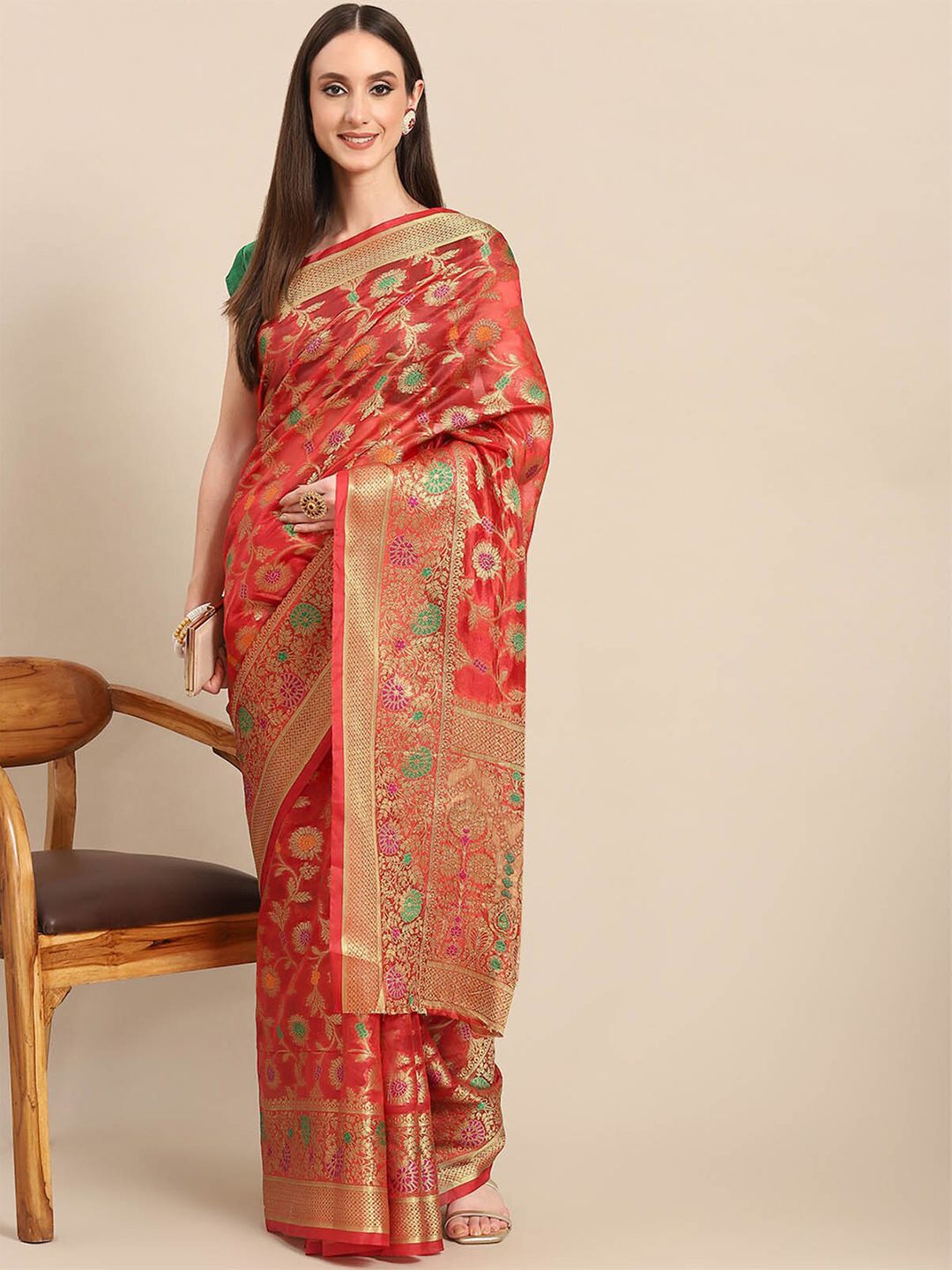ODETTE Red & Green Woven Design Zari Organza Saree Price in India