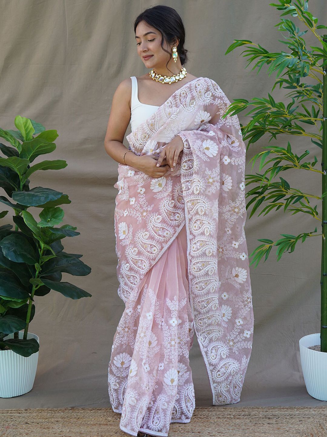 ODETTE Nude-Coloured & White Floral Embroidered Organza Saree Price in India