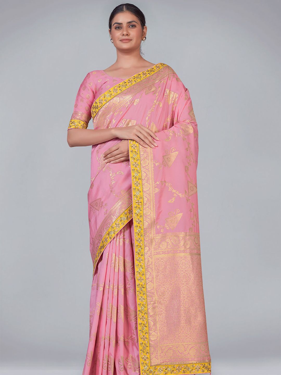 ODETTE Pink & Yellow Woven Design Embroidered Silk Blend Saree Price in India