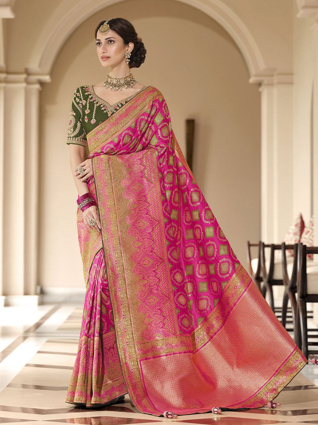 ODETTE Pink & Green Woven Design Zari Silk Blend Saree Price in India