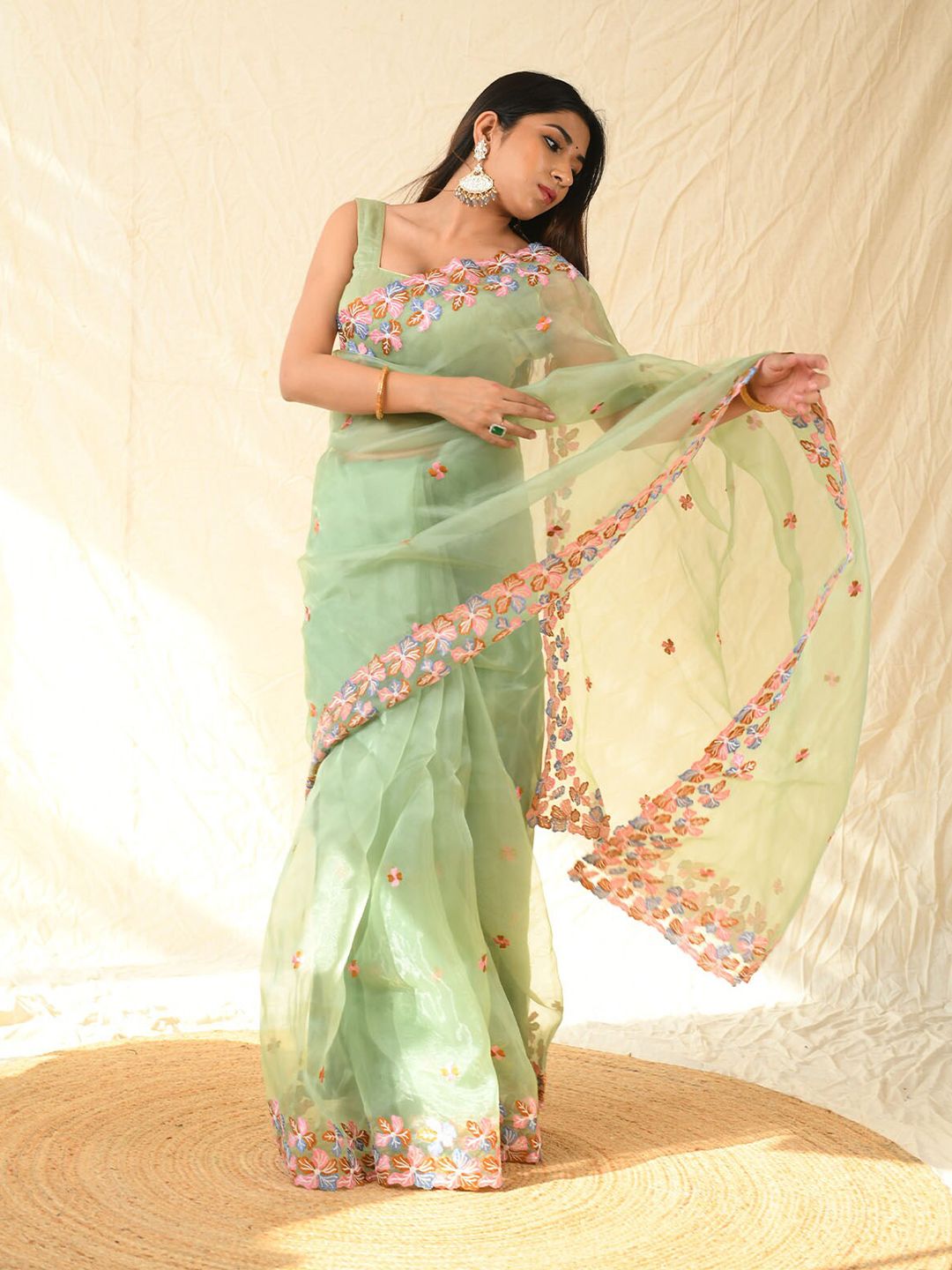 ODETTE Green & Pink Floral Embroidered Organza Saree Price in India