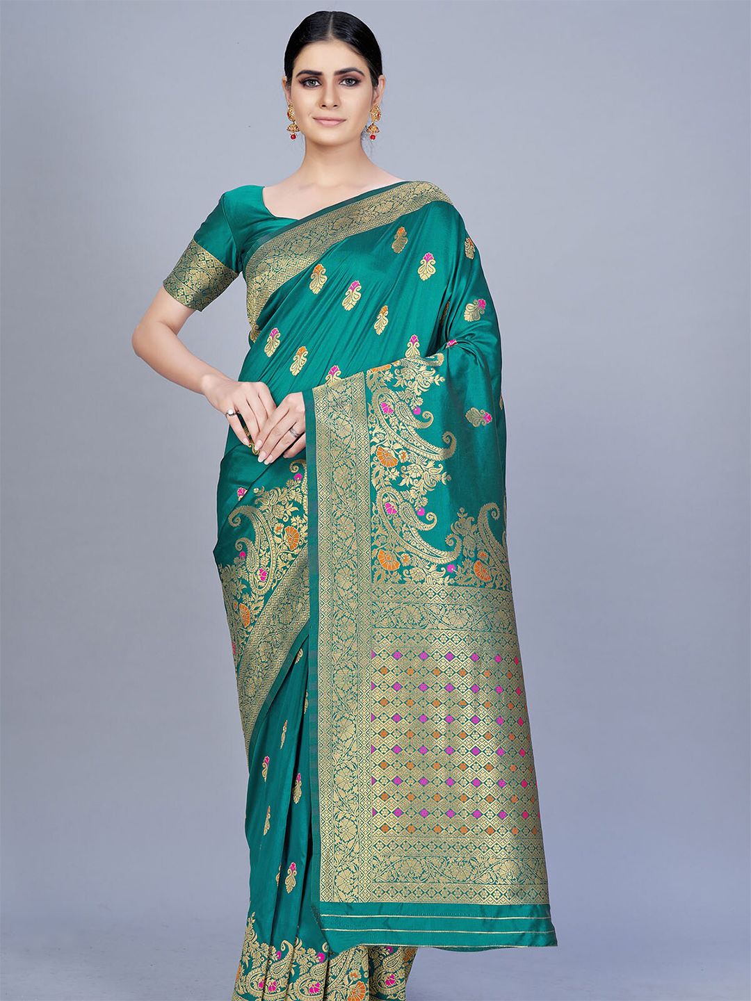 ODETTE Sea Green & Purple Woven Design Zari Silk Blend Saree Price in India