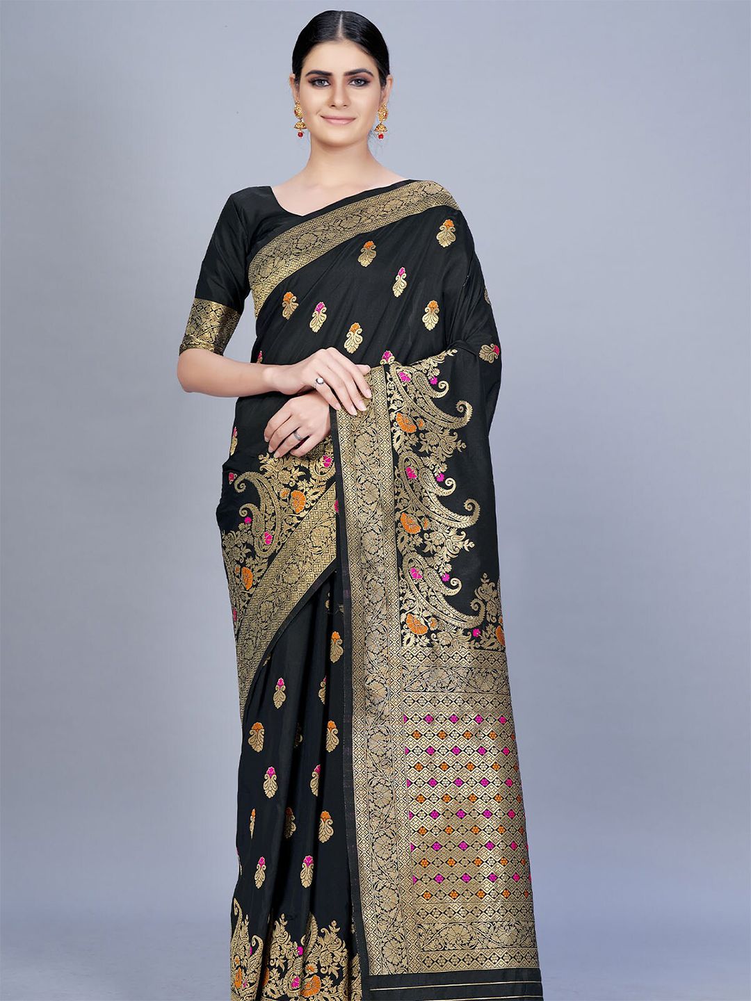 ODETTE Black & Purple Woven Design Zari Silk Blend Saree Price in India