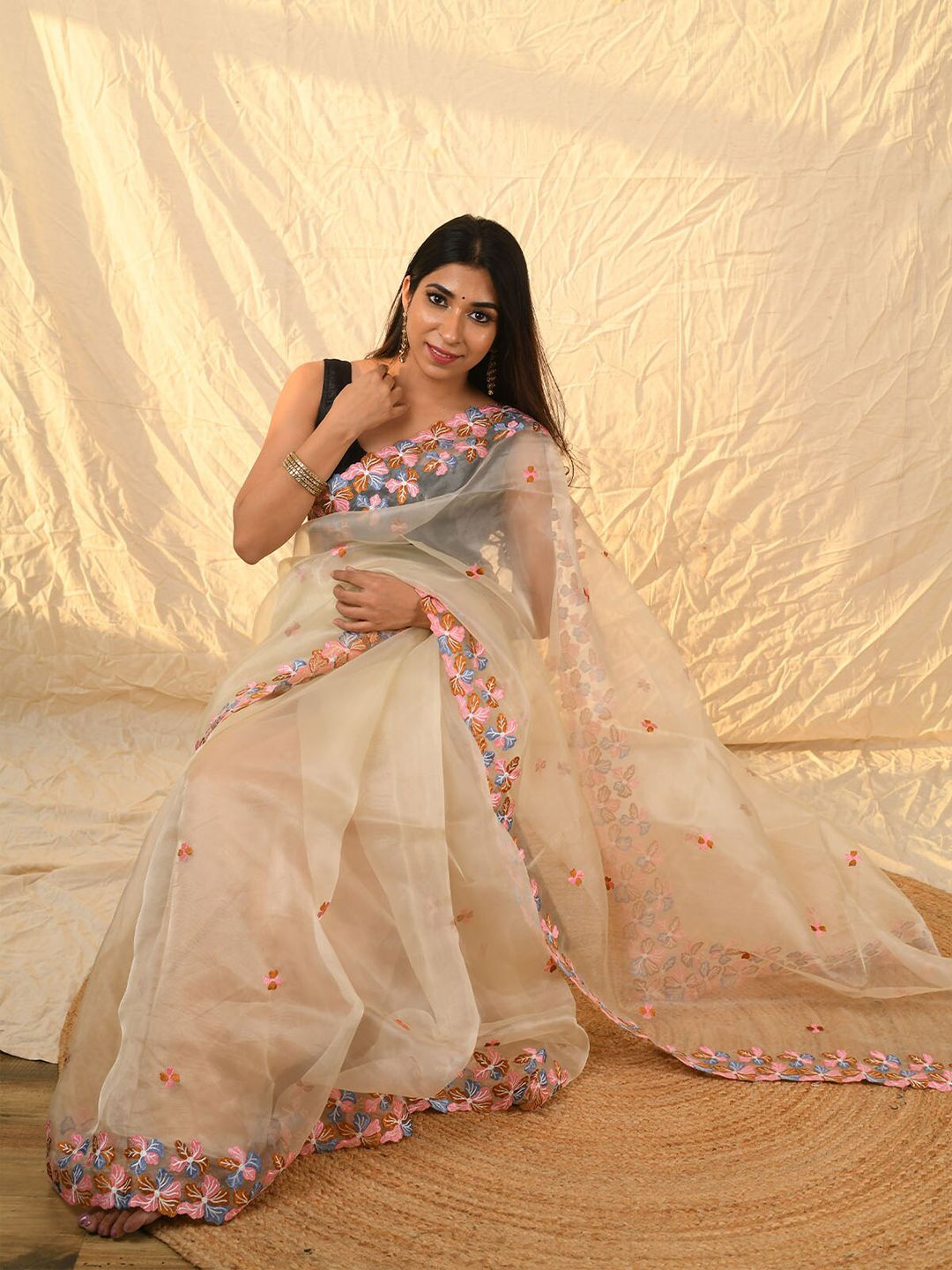 ODETTE Beige & Pink Floral Embroidered Organza Saree Price in India