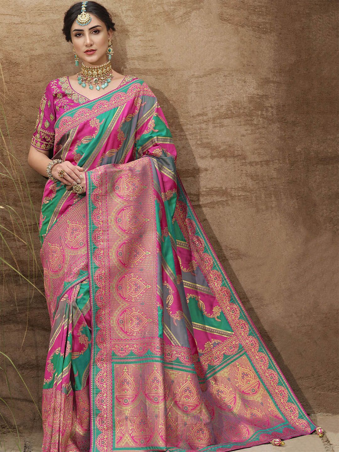 ODETTE Green & Pink Woven Design Zari Silk Blend Saree Price in India