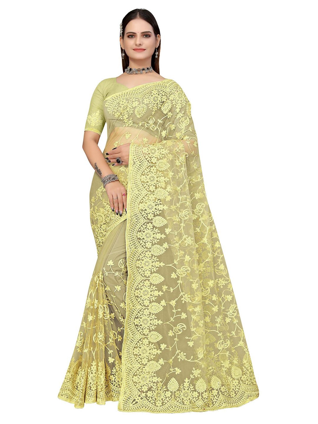 ODETTE Green Floral Embroidered Net Saree Price in India