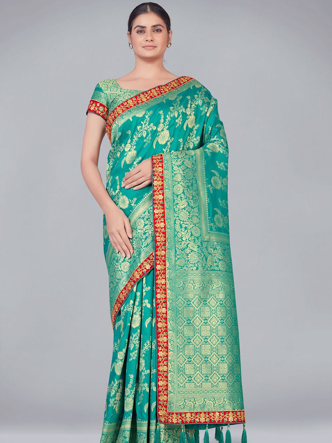 ODETTE Green & Red Woven Design Zari Silk Blend Saree Price in India